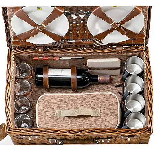 Les Jardins de la Comtesse – Cesta/Castana de Picnic Palais Royal – Tonos y Colores Beige y Marrón – Completa para 4 Personas – Nevera Amovible – Platos, Vasos, Cubiertos - 56 x 37 x 26 cm