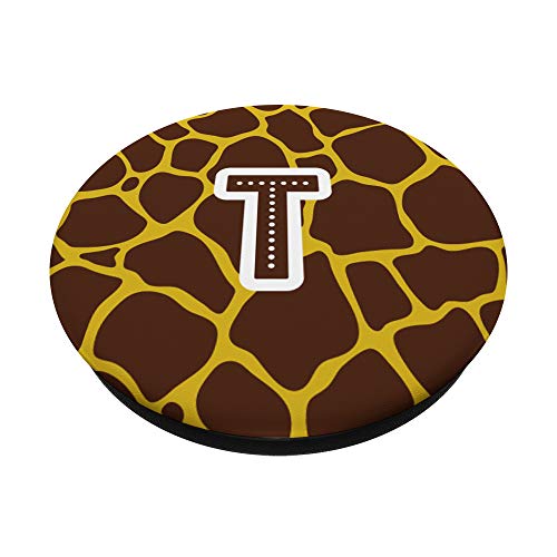 Letter T Jirafa marrón amarillo con impresión animal, monograma PopSockets PopGrip Intercambiable