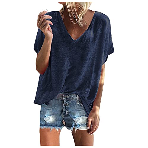 Liably Camiseta de verano para mujer, talla grande, color caramelo, suelta, de manga corta, cuello en V, multicolor, elegante, talla grande, monocromática marine XXXL