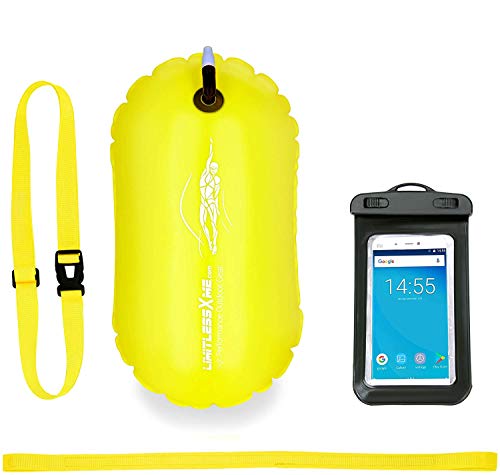 LimitlessXme Boya De Natación Amarilla con Funda para Móvil. Visibilidad y Seguridad al Nadar en el mar y en el Lago. Swim Buoy Inflable para Aguas Abiertas