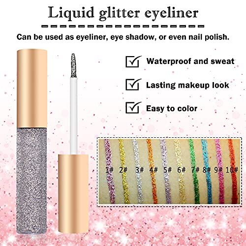 Liquid Eyeliner, Lápiz Delineador Líquido, Lápiz Delineador de Ojos Impermeable, Juego de Delineador de Ojos con Purpurina, Colorido Liquid Eyeliner Pen para Cosplay, 10 Colores