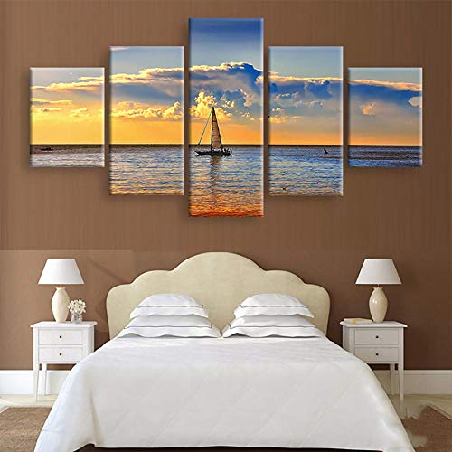 LIUWW Cuadro de Arte decoración para el hogar Marco de póster 5 Piezas Brisa Marina velero Pared Moderna Sala HD Pintura de impresión