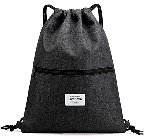 LIVACASA Mochila de Cuerdas Mujer Hombre Bolsas de Cuerdas Bolso Mujer Casual A Prueba de Agua Impermeable Bolsillo Exterior Extra Ajustable Correas de Hombros Negro