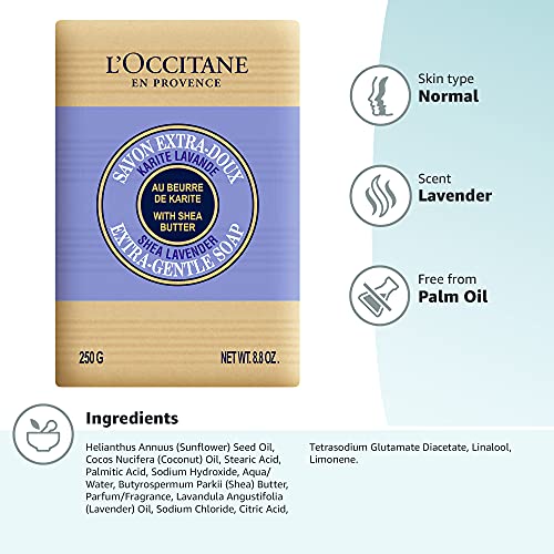 L'OCCITANE Jabón sólido extra suave de lavanda de karité 250 g | Jabón de lujo de manteca de karité y lavanda