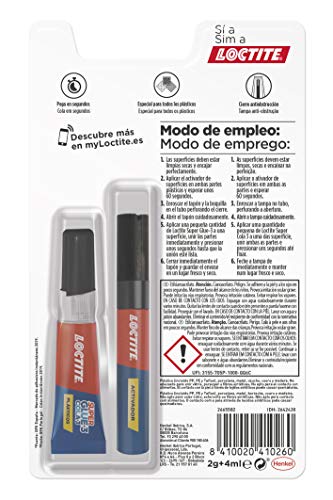 Loctite Super Glue-3, adhesivo instantáneo plasticos dificiles, 1 x 2gr+4ml