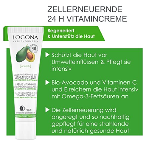 LOGONA Naturkosmetik Zellerneuernde 24h Vitamincreme, protege la piel antes Umweltstress, promueve la renovación celular, vegano, 30 ml