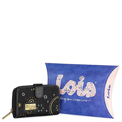 Lois - Cartera de Mujer Pequeña con Bordados y Motivos Mandala de Marca LOIS. Nylon y Cuero Vegano PU con Cierre Cremallera y Botón. Protección Antiescaneo RFID 304414, Color Negro