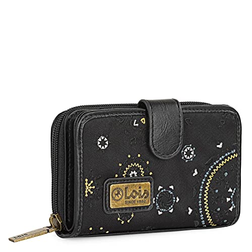 Lois - Cartera de Mujer Pequeña con Bordados y Motivos Mandala de Marca LOIS. Nylon y Cuero Vegano PU con Cierre Cremallera y Botón. Protección Antiescaneo RFID 304414, Color Negro