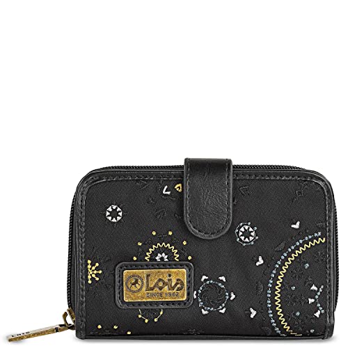 Lois - Cartera de Mujer Pequeña con Bordados y Motivos Mandala de Marca LOIS. Nylon y Cuero Vegano PU con Cierre Cremallera y Botón. Protección Antiescaneo RFID 304414, Color Negro