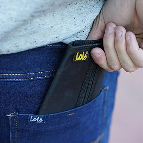 Lois - Cartera para Hombre Joven Pequeña de Marca LOIS con Monedero, Billetera y Tarjetero. Muchos Compartimentos. Billetera para Hombre. Protección Antiescaneo de Tarjetas RFID. 311001, Color Negro