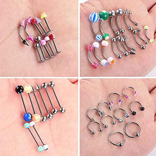 LOLIAS 185 Piezas Joyería para Perforar El Cuerpo para Mujeres Hombres Lengua Anillos para Pezones Cejas Labios Ombligo Barra Piercing para La Nariz Tragus Barras para El Ombligo 14g-18g