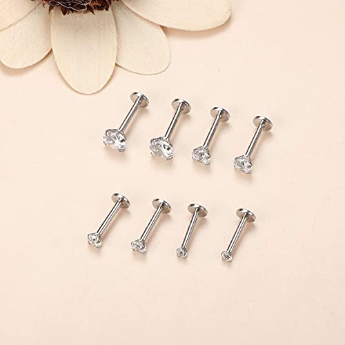 LOLIAS 4 Pares 16G Acero Inoxidable Tragus Piercing para Mujeres Hombres Helix Piercing Labio Stud Pendientes Nariz 2/3/4/5 MM Cubic Zirconia Opal Monroe Piercing Oreja Cartilago Joyas