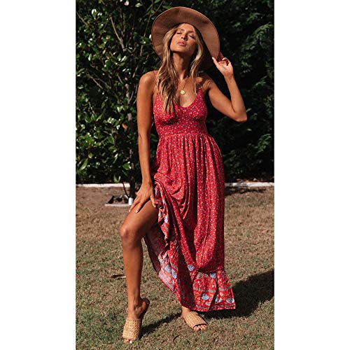 Longwu Vestido Maxi de Verano con Cuello en V Floral Sexy Boho de Las Mujeres Correa de Espagueti Ajustable sin Respaldo Cintura elástica Vestido de Verano Rojo-L