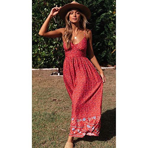 Longwu Vestido Maxi de Verano con Cuello en V Floral Sexy Boho de Las Mujeres Correa de Espagueti Ajustable sin Respaldo Cintura elástica Vestido de Verano Rojo-L