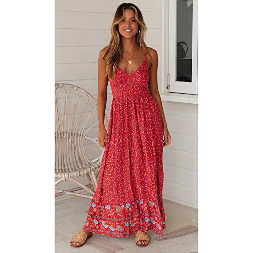 Longwu Vestido Maxi de Verano con Cuello en V Floral Sexy Boho de Las Mujeres Correa de Espagueti Ajustable sin Respaldo Cintura elástica Vestido de Verano Rojo-L