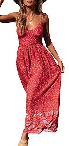 Longwu Vestido Maxi de Verano con Cuello en V Floral Sexy Boho de Las Mujeres Correa de Espagueti Ajustable sin Respaldo Cintura elástica Vestido de Verano Rojo-L