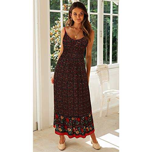 Longwu Vestido Maxi de Verano con Cuello en V Floral Sexy Boho de Las Mujeres Correa de Espagueti Ajustable sin Respaldo Cintura elástica Vestido de Verano Negro-S