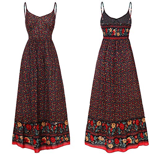 Longwu Vestido Maxi de Verano con Cuello en V Floral Sexy Boho de Las Mujeres Correa de Espagueti Ajustable sin Respaldo Cintura elástica Vestido de Verano Rojo-L