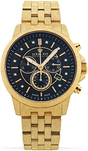 LOUIS XVI Aramis 1056 - Reloj de pulsera para hombre con correa de acero esmerilado y diamantes auténticos, cronógrafo, analógico, de cuarzo, acero inoxidable