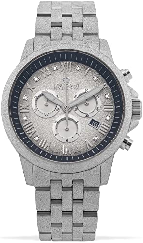 LOUIS XVI Aramis 1081 - Reloj de pulsera para hombre, correa de acero inoxidable esmerilado, color plateado y negro, diamantes auténticos, cronógrafo, analógico, cuarzo, acero inoxidable