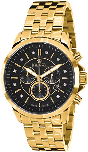 LOUIS XVI Aramis 880 - Reloj de pulsera para hombre, correa de acero, color dorado y negro, diamantes auténticos, cronógrafo, analógico, cuarzo, acero inoxidable