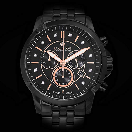 LOUIS XVI Aramis 881 - Reloj de pulsera para hombre con correa de acero negro y oro rosa, diamantes auténticos, cronógrafo, analógico, cuarzo, acero inoxidable