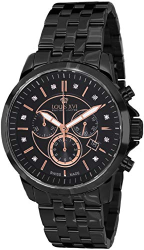 LOUIS XVI Aramis 881 - Reloj de pulsera para hombre con correa de acero negro y oro rosa, diamantes auténticos, cronógrafo, analógico, cuarzo, acero inoxidable