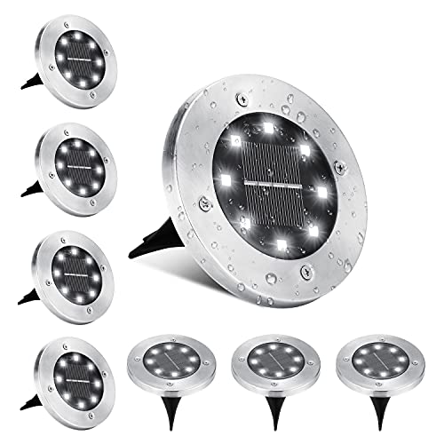 Luces Solares LED Exterior Jardin, BrizLabs 8 LED Luces de Tierra Solares Blanco Frío Luz Solar Suelo Impermeable IP65 Lamparas Solares Iluminación para Calzada Camino Césped Escalón, 8 Piezas