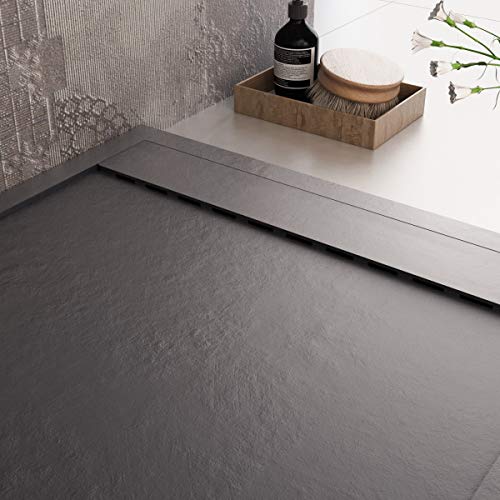 Luminosa ArredoBagno Plato de ducha de resina 150 x 80 cm, efecto piedra antideslizante con GELCOAT, modelo Luxury negro, rejilla de color sólido y desagüe incluidos