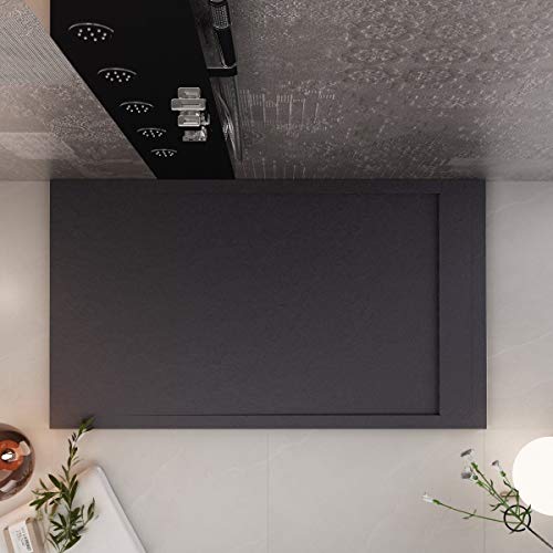 Luminosa ArredoBagno Plato de ducha de resina 150 x 80 cm, efecto piedra antideslizante con GELCOAT, modelo Luxury negro, rejilla de color sólido y desagüe incluidos