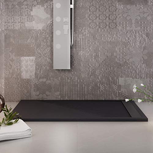 Luminosa ArredoBagno Plato de ducha de resina 150 x 80 cm, efecto piedra antideslizante con GELCOAT, modelo Luxury negro, rejilla de color sólido y desagüe incluidos