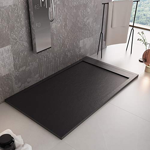 Luminosa ArredoBagno Plato de ducha de resina 150 x 80 cm, efecto piedra antideslizante con GELCOAT, modelo Luxury negro, rejilla de color sólido y desagüe incluidos