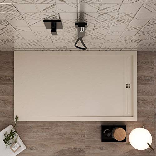 Luminosa ArredoBagno Plato de ducha Marmoresina de 70 x 140 cm, efecto piedra antideslizante con GELCOAT, modelo Berlín, color crema, rejilla y desagüe incluidos