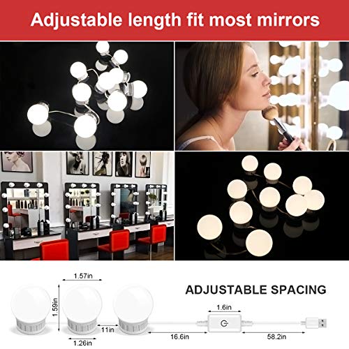 Luz de maquillaje, USB Luces de Espejo de Vanidad Luz LED de Espejo con 10 Bombillas Regulables Vanidad de Estilo Hollywood Luces de Espejo Bricolaje Luces Decorativas para Interiores