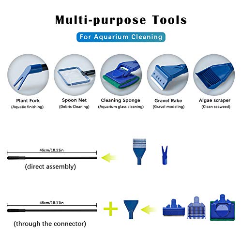 Lysport 5 en 1 Completo acuario conjunto de limpieza de tanque de pescado red de pescado + rastrillo + rascador + tenedor + esponja de cepillo de vidrio acuario herramienta de limpieza