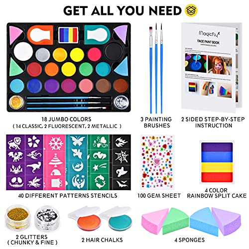 Magicfly Pintura Cara para niños, 18 Colores 136 pcs Face Paint Kit, Pintura Facial a Base de Agua para Maquillaje, Cosplay y