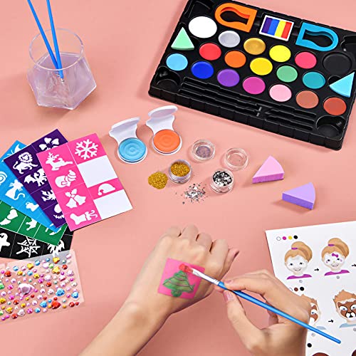 Magicfly Pintura Cara para niños, 18 Colores 136 pcs Face Paint Kit, Pintura Facial a Base de Agua para Maquillaje, Cosplay y