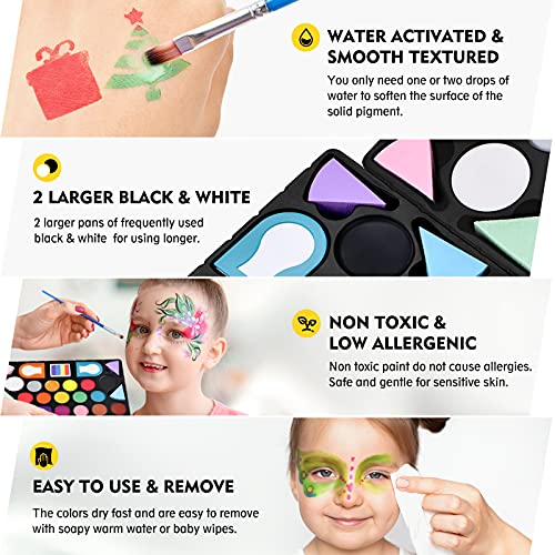 Magicfly Pintura Cara para niños, 18 Colores 136 pcs Face Paint Kit, Pintura Facial a Base de Agua para Maquillaje, Cosplay y