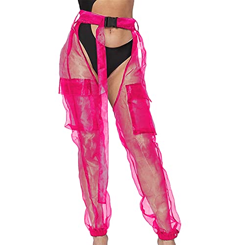 Malla transparente Sexy Pantalones Hebillas Largas Mujeres Chaps Wasit Pantalones de entrepierna alta Jogger Pantalones Elásticos, rosa, L