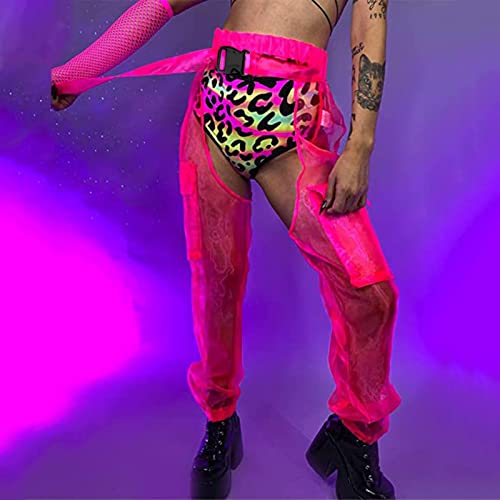 Malla transparente Sexy Pantalones Hebillas Largas Mujeres Chaps Wasit Pantalones de entrepierna alta Jogger Pantalones Elásticos, rosa, L