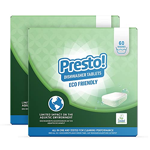 Marca Amazon - Presto! Pastillas lavavajillas Eco todo en 1, Paquete de 2 x 60 pastillas