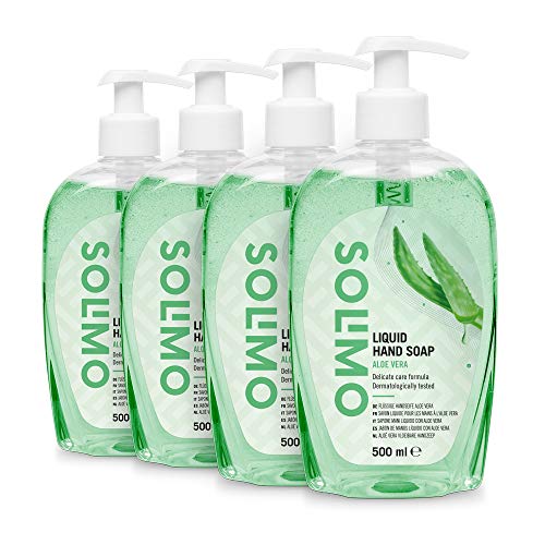 Marca Amazon - Solimo Jabón de manos líquido - Aloe Vera - Paquete de 4 (4 Botellas x 500ml)