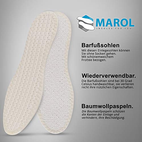 Marol - 3 pares de suelas descalzos de algodón 100% rizo con amortiguación de látex, plantillas contra olores desagradables y bacterias, talla 36-47, color Blanco, talla 42 EU