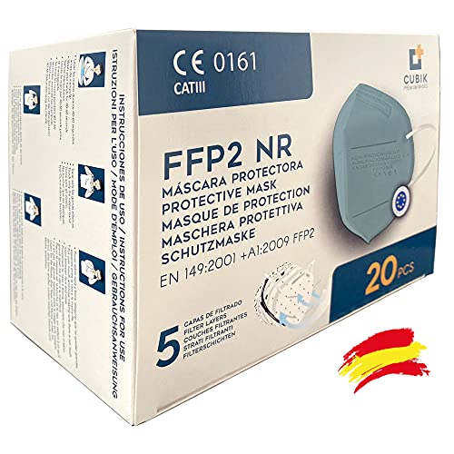 Mascarilla FFP2 Celeste Homologada, interior negro anti maquillaje, Fabricada en España, 20 unidades, Alta eficiencia 5 capas, CE 0161