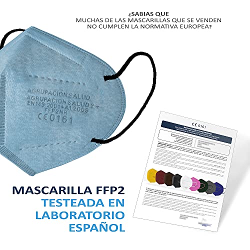 Mascarilla FFP2 Celeste Homologada, interior negro anti maquillaje, Fabricada en España, 20 unidades, Alta eficiencia 5 capas, CE 0161