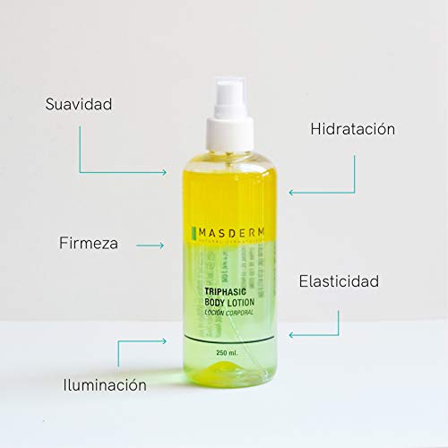 MASDERM | Loción Corporal Trifásica Hidratante | Suavidad ElasticidadRegeneración celular/Vitamina E Aloe Vera Rosa mosqueta Aceite de Argán Aceite esencial de limón | 250ml