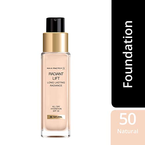 Max Factor Radiant Lift Liquid Pump cobertura media a completa Base de acabado radiante con SPF30 y ácido hialurónico, 050 natural, tono de piel medio, 30 ml