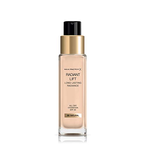 Max Factor Radiant Lift Liquid Pump cobertura media a completa Base de acabado radiante con SPF30 y ácido hialurónico, 050 natural, tono de piel medio, 30 ml