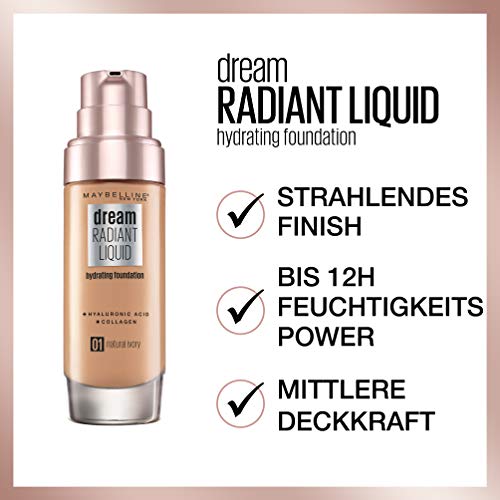 Maybelline New York Dream Radiant Liquid Tono, Base De Maquillaje Hidratante Con Ácido Hialurónico Y Colágeno Pieles De Tono Claro - 30ml, 41 Warm Beige, Vanilla