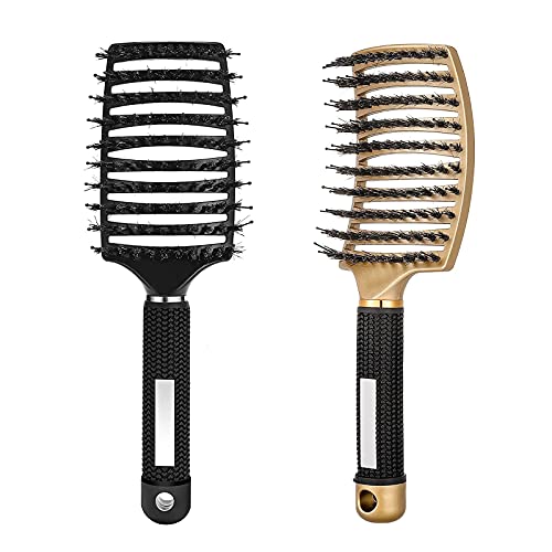 Mecmbj 2 Piezas Cepillo de Pelo de Cerdas de Jabalí, Cepillo Pelo Rizado Desenredante Peine de Pelo Masaje Curvo y Ventilado para Mujeres Hombres Cabello Natural Liso Húmedo o Seco (Negro y Dorado)